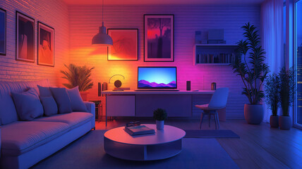 Smart home communication with IoT devices linked to laptop, tablet, phone, and online database