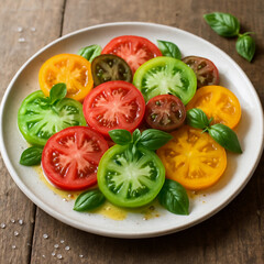 A bright and colorful heirloom tomato salad arranged on a ceramic plate with basil leaves and olive oil drizzle, rustic wooden table with scattered salt grains, natural light from the side.
