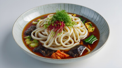 A delicious bowl of udon noodle soup, garnished with fresh herbs and vegetables. The rich broth and tender noodles make it a comforting and flavorful meal.