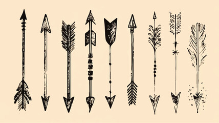 Eight monochrome drawn arrows with various designs point downwards on a tan background