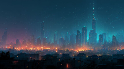 Fototapeta premium Futuristic Smart City Skyline at Night with Glowing Lights and Reflections
