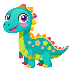 A charming cartoon dinosaur, primarily turquoise with a lime green belly, orange feet, and a mix of pink, yellow, and orange spikes along its back, stands with large, expressive purple eyes 