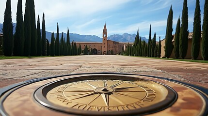 Tranquil landscape featuring a historic abbey and compass rose in new mexico