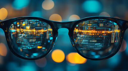 Futuristic glasses reflecting data, circuit board, nightlife -