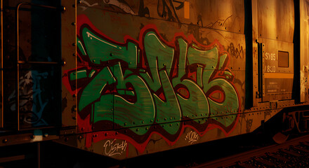 Obraz premium Green Graffiti Letters on Brick Wall with Warm Underground Lighting