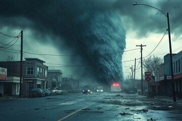 Dramatic Tornado Storm and Disaster in City - Powerful Weather Chaos Over Infrastructure with Urgent Emergency Evacuation and Traffic Alert