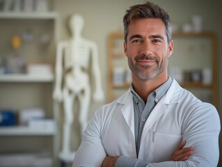 Fototapeta premium Smiling Male Doctor in Business Attire at Modern Medical Office for Diagnosis and Patient Care