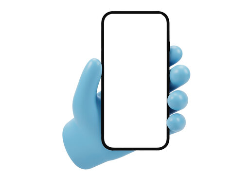 3D cartoon hand holding smartphone, cut out