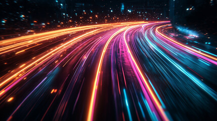 Obraz premium Neon lights blaze, creating abstract glowing trails and bright streaks in this HD night photography.