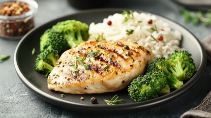 Grilled Chicken Breast Broccoli and Rice Served on a Plate