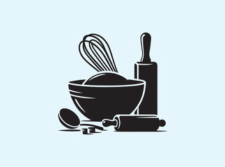 Solid black silhouette of a dough mixing bowl beside a whisk, Rolling Pin, Cutting Board and Measurement Cup