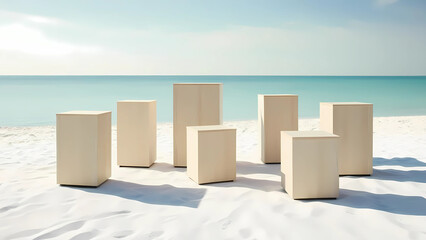 A set of 3 to 5 square podiums of different sizes, arranged in a clean, minimalistic way against a fresh beach-themed backdrop, with soft lighting that enhances the coastal vibe without overwhelming 
