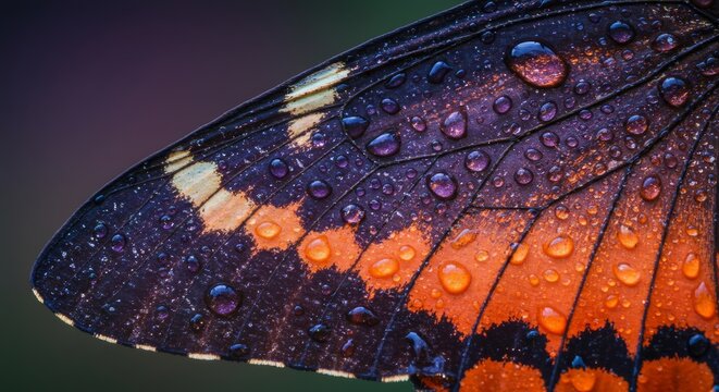 Detailed Close-Up of a Butterfly Wing with Vivid Color and Water Droplets - Powered by Adobe