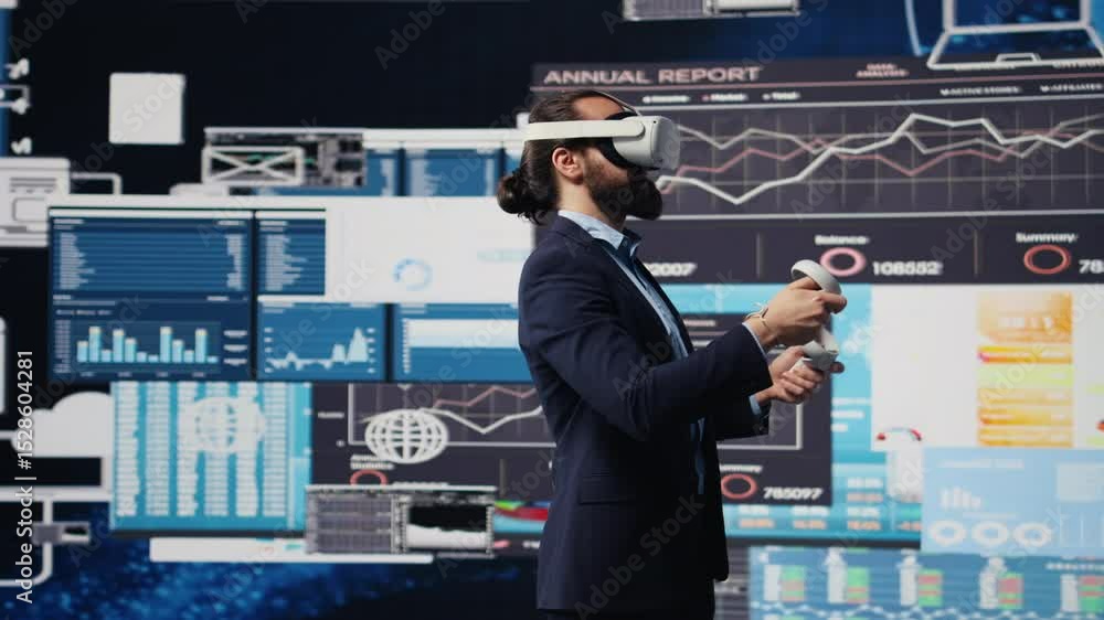Poster leader does data driven planning with vr device set for successful strategy to ensure global expansi