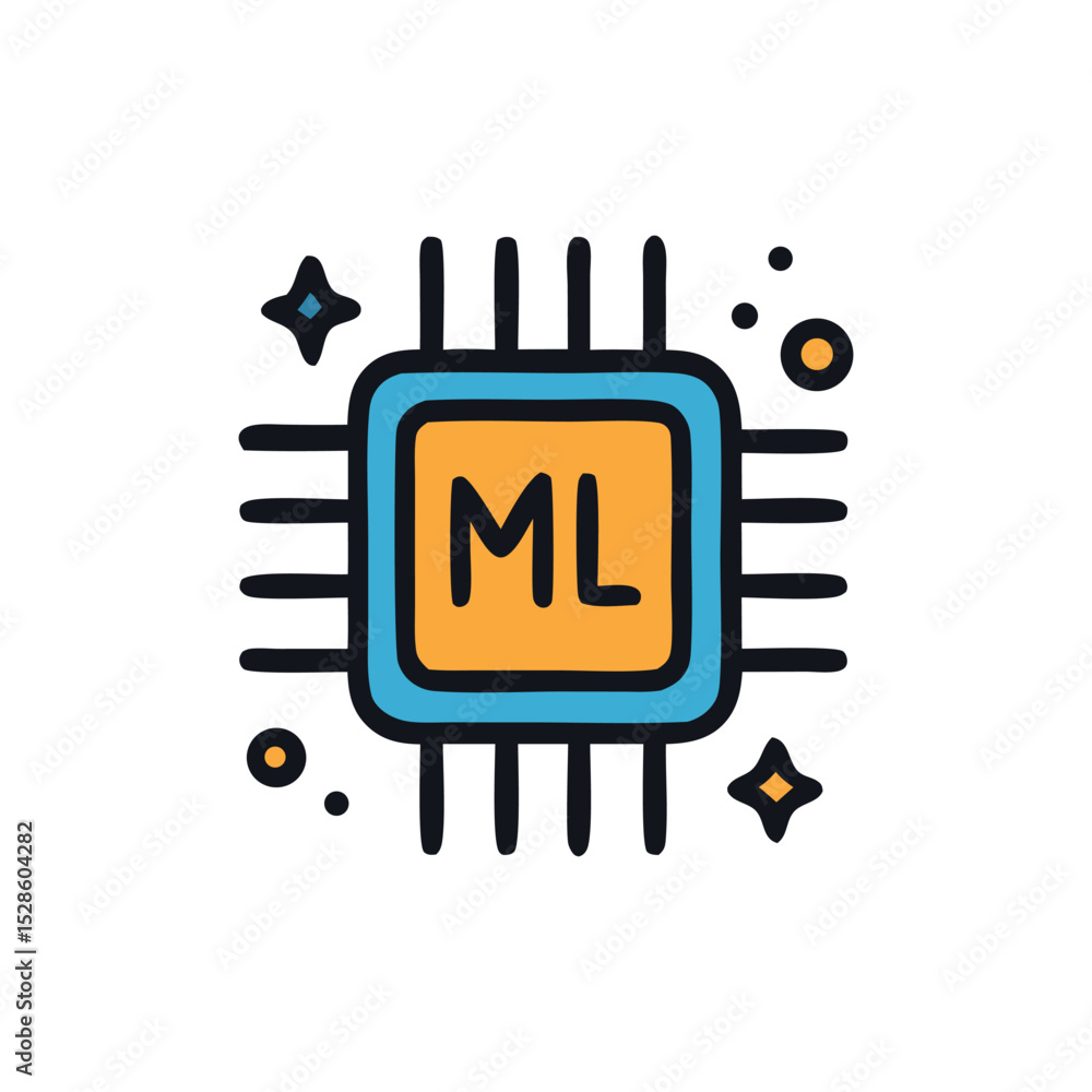 Poster a cartoon illustration of a computer chip with the letters 
