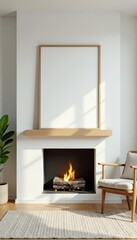 Minimalist Scandinavian living room with fireplace, blank frame mockup, chair, plant , mockup, hygge