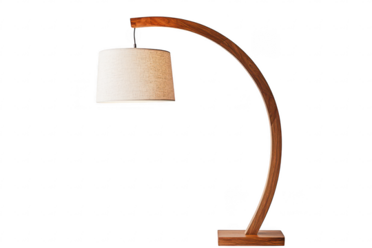 Modern wooden arc floor lamp with fabric shade isolated on transparent background