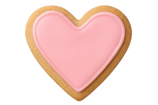 Pink heart-shaped cookie decorated with frosting, sitting against transparent background, symbolizing love and sweet romance