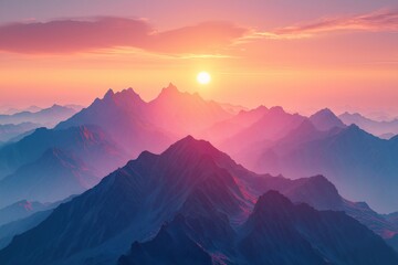 Obraz premium Stunning Mountain Landscape at Sunset. A Majestic Nature Scenery with Vibrant Sky and Mystical Horizon
