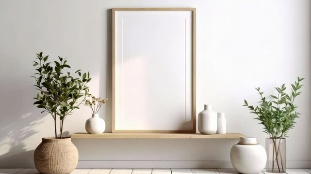 Display frame in living room with minimalist design, wooden shelf, vases, plants, and white wall, creating a serene interior space.