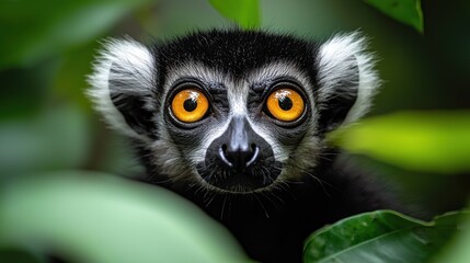 Close-up of a lemur's face.  Jungle habitat