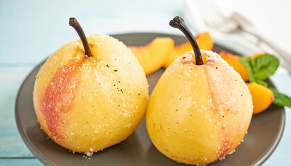 Delicate pear duet with sugared rime alongside peachy accompaniments for discerning palates