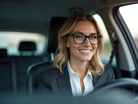 Smiling businesswoman wearing glasses sitting in car