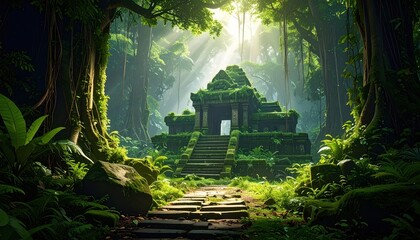 Ancient temple ruins veiled in misty rainforest under ethereal sunlight