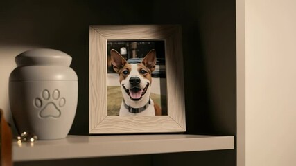 Pet urn with paw print, dog leash, and framed picture of a smiling dog on shelf. Memory of beloved animal.