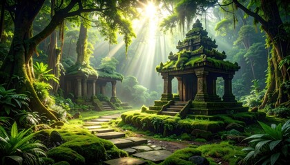 Ancient mossy temple amidst a lush jungle bathed in serene sunlight