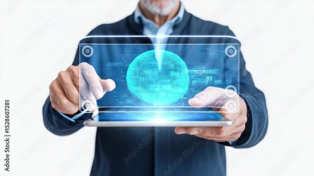 Poster data visualization: an executive interacts with an interactive digital tablet, showcasing advanced d