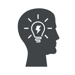 Black icon head and light bulb idea. flat illustration.