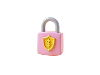 3d Pink plastic padlock icon with yellow dollar shield symbol, secure financial concept, PNG file isolated on transparent background