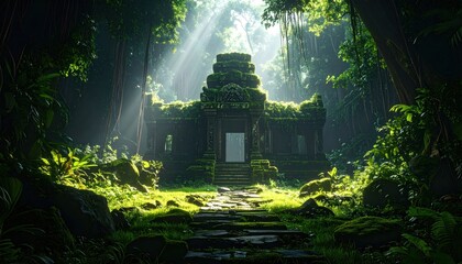 Mystical ancient temple ruins shrouded in dense jungle greenery illuminated by sunlight