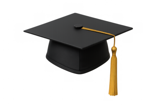 Graduation cap featuring black color and golden tassel, symbolizing academic success against transparent backdrop