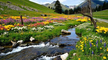 A stream in a mountain valley. Along the flowering fields. AI generation.