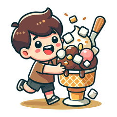 Happy Boy Hugging Large Cartoon Ice Cream Cone with Marshmallows