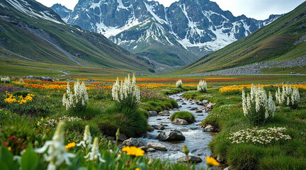 A stream in a flowery mountain valley. White lupines. AI generation.