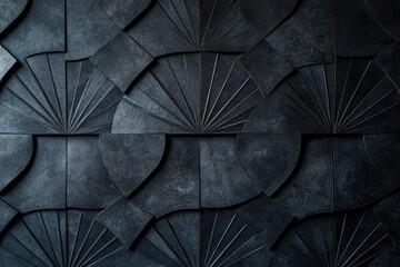 Dark, patterned wall paneling.  Intricate, geometric design of overlapping, fan-shaped tiles.  Deep gray tones create a moody ambiance