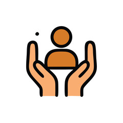 Illustration depicting a person held and supported by two hands, symbolizing care.
