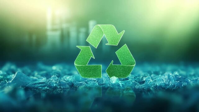 Recycling symbol with green arrows above crushed plastic bottle waste, promoting environment sustainability, circular economy, and eco friendly waste reduction for plastic recycling