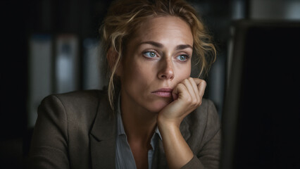 An over-worked office employee staring absently at her computer. Chin resting on hand. Blank, disintereated expression.