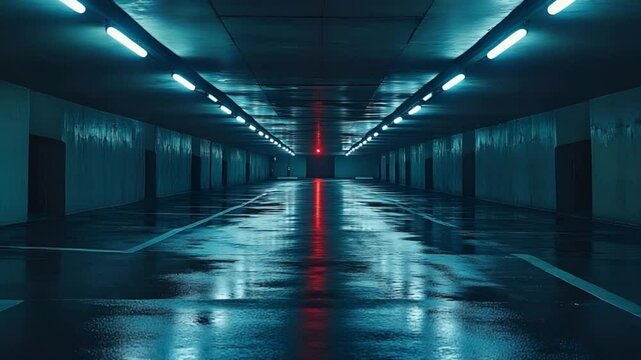 Empty and eerie underpass with neon lights and reflections of light in the water. The long, dark tunnel evokes a sense of loneliness and mystery