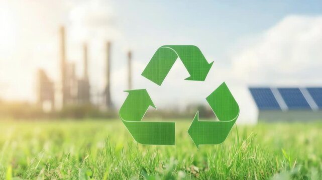 Recycling symbol with green grass and solar panel in background representing eco friendly energy, environmental sustainability, and nature&rsquo;s protection on bright sunny day