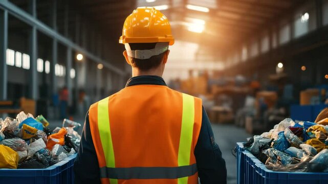 Worker in safety vest and helmet in recycling center warehouse with bins of plastic waste, focused on sorting and managing materials in bright industrial environment for environmental cleanup