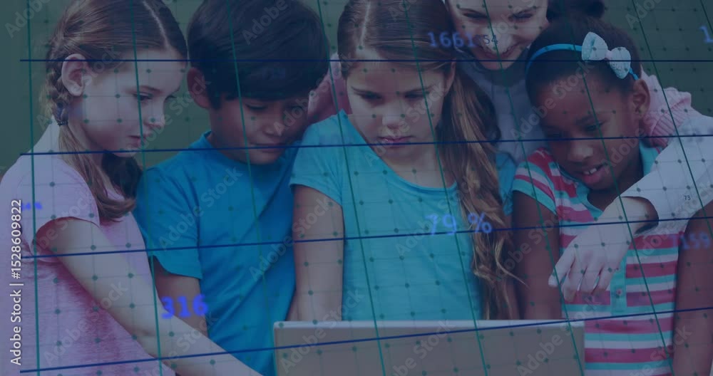 Poster Children tapping laptop in school as teacher guiding displaying data grid with floating data points
