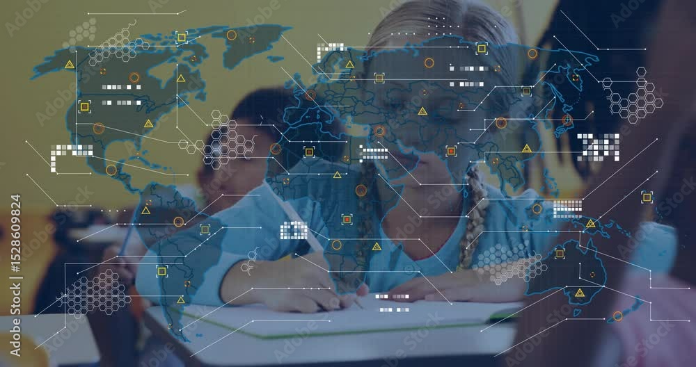 Aufkleber girl writing notebook noticing map overlay fading in and illustrating global network over classroom