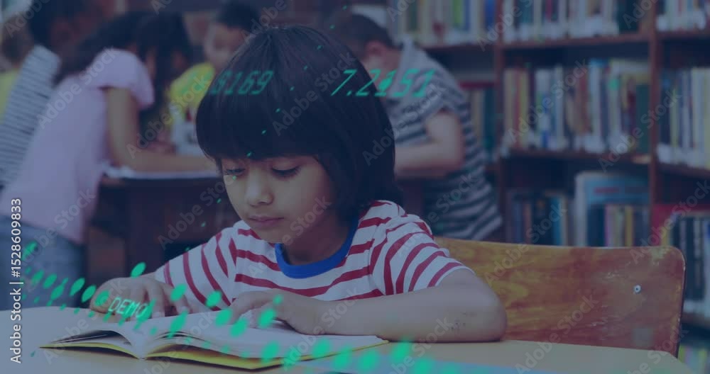 Poster elementary-school student turning page in library initiating waveform flowing with numeric data