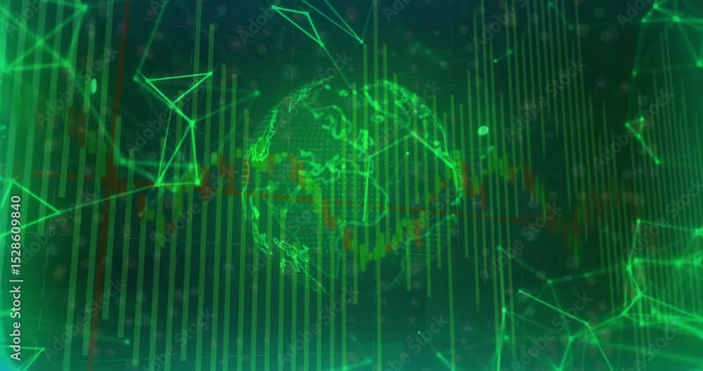 Poster drifting network nodes causing wireframe globe rotating and visualizing continent data on bar chart
