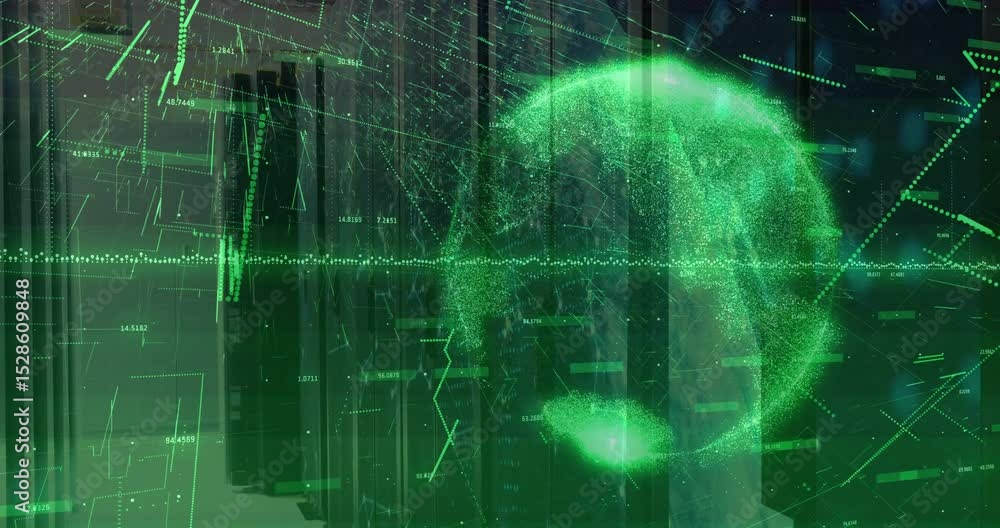 Poster interface loading green waveform spreading as racks rising and globe emerging showing data trends